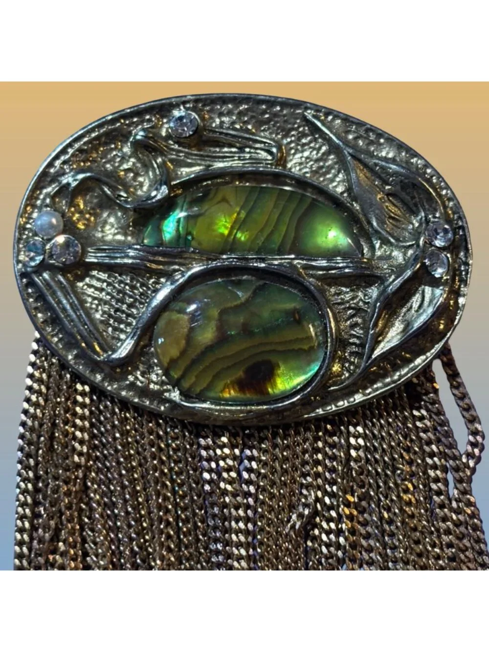 Art Nouveau Style Abalone Gold Chain Fringe Brooch Pin Statement Piece Vintage